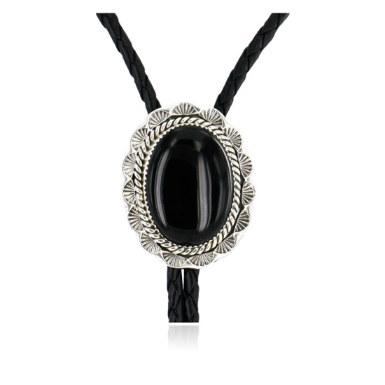 Handmade Certified Authentic Navajo .925 Sterling Silver Natural Black Onyx Native American Bolo Tie  24407-2