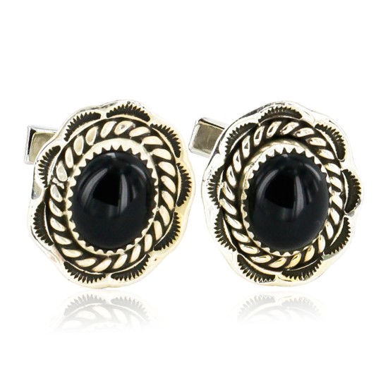 Handmade Certified Authentic Navajo .925 Sterling Silver Natural Black Onyx Native American Cuff Links 19110-4