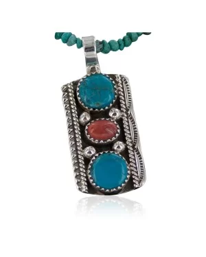 Handmade Certified Authentic Navajo .925 Sterling Silver Natural Coral and Turquoise Native American Necklace 370885857863