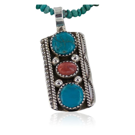 Handmade Certified Authentic Navajo .925 Sterling Silver Natural Coral and Turquoise Native American Necklace 370885857863