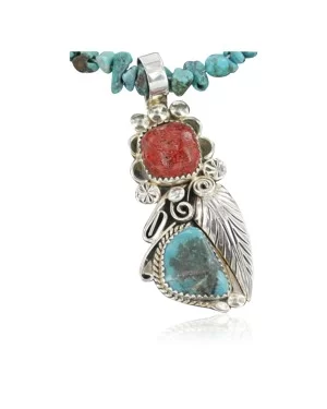 Handmade Certified Authentic Navajo .925 Sterling Silver Natural Coral and Turquoise Native American Necklace 370917029358