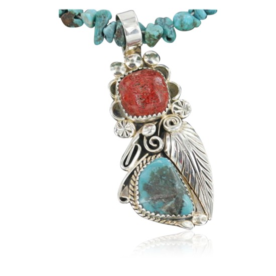 Handmade Certified Authentic Navajo .925 Sterling Silver Natural Coral and Turquoise Native American Necklace 370917029358