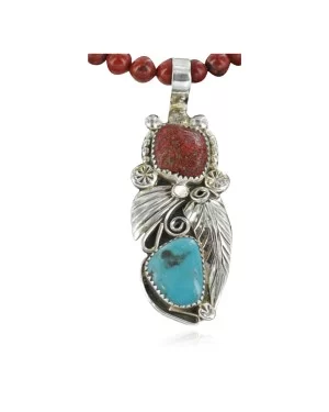 Handmade Certified Authentic Navajo .925 Sterling Silver Natural Coral and Turquoise Native American Necklace 370922695966