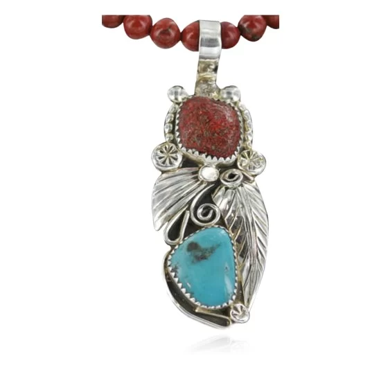 Handmade Certified Authentic Navajo .925 Sterling Silver Natural Coral and Turquoise Native American Necklace 370922695966 Handmade Certified Authentic Navajo .925 Sterling Silver Natural Coral and Turquoise Native American Necklace 370922695966