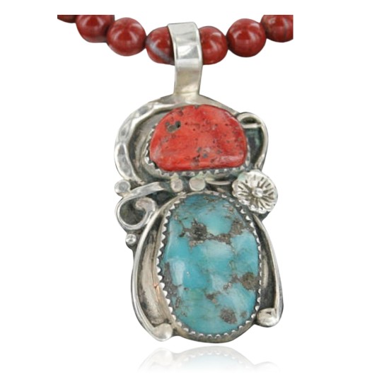 Handmade Certified Authentic Navajo .925 Sterling Silver Natural Coral and Turquoise Native American Necklace 370928040125