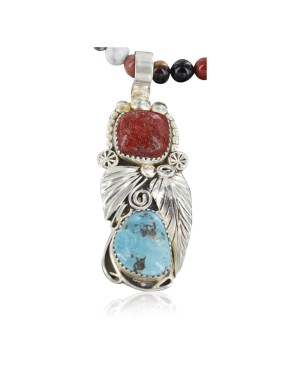 Handmade Certified Authentic Navajo .925 Sterling Silver Natural Coral and Turquoise Native American Necklace 370928401661