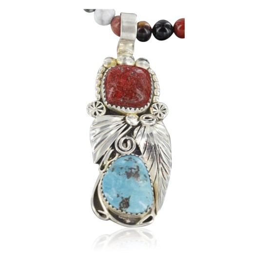 Handmade Certified Authentic Navajo .925 Sterling Silver Natural Coral and Turquoise Native American Necklace 370928401661