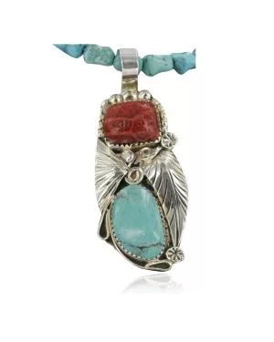 Handmade Certified Authentic Navajo .925 Sterling Silver Natural Coral and Turquoise Native American Necklace 390677796351