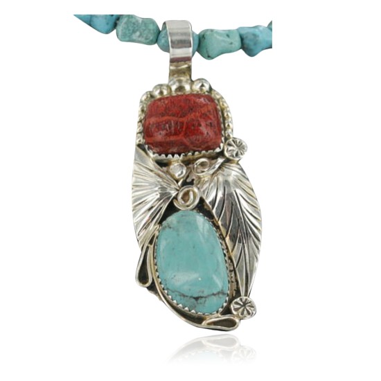 Handmade Certified Authentic Navajo .925 Sterling Silver Natural Coral and Turquoise Native American Necklace 390677796351