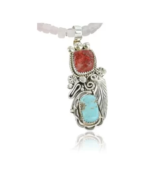 Handmade Certified Authentic Navajo .925 Sterling Silver Natural Coral and Turquoise Native American Necklace 390680403932