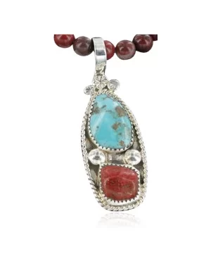 Handmade Certified Authentic Navajo .925 Sterling Silver Natural Coral and Turquoise Native American Necklace 390714864122