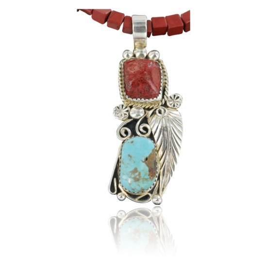 Handmade Certified Authentic Navajo .925 Sterling Silver Natural Coral, Red Jasper and Turquoise Native American Necklace & Pendant 370919219465