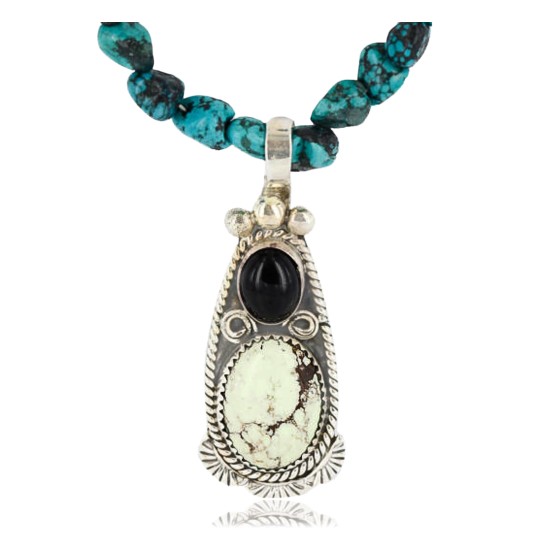 Handmade Certified Authentic Navajo .925 Sterling Silver Natural GASPEITE, Turquoise and Black ONYX Native American Necklace & Pendant 390800526647