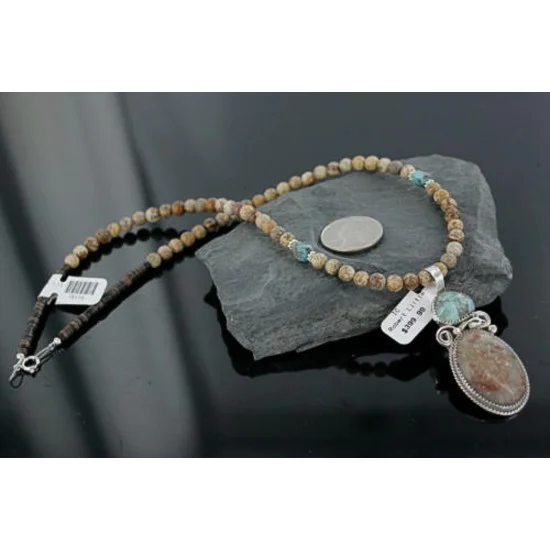 Handmade Certified Authentic Navajo .925 Sterling Silver Natural Jasper and Turquoise Native American Necklace 370919723688