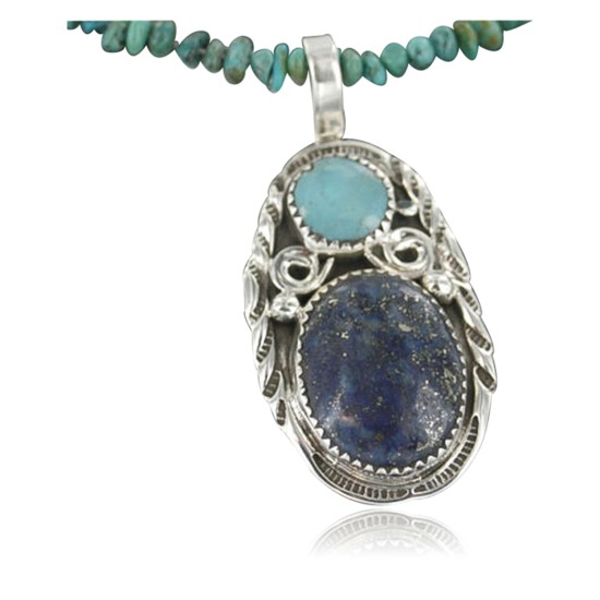 Handmade Certified Authentic Navajo .925 Sterling Silver Natural Lapis and Turquoise Native American Necklace & Pendant 370897223728