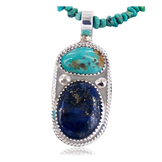 Handmade Certified Authentic Navajo .925 Sterling Silver Natural Lapis and Turquoise Native American Necklace & Pendant 390651297460