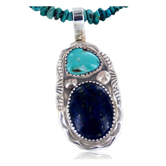 Handmade Certified Authentic Navajo .925 Sterling Silver Natural Lapis and Turquoise Native American Necklace & Pendant 390655310509