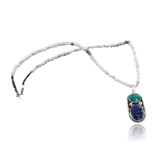 Handmade Certified Authentic Navajo .925 Sterling Silver Natural Lapis, Turquoise and White Howlite Native American Necklace & Pendant 390688899331