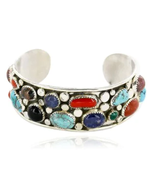 Handmade Certified Authentic Navajo .925 Sterling Silver Natural Multicolor Stones and Turquoise Native American Bracelet 12782