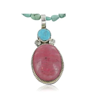Handmade Navajo .925 Sterling Silver Turquoise and Pink Jasper Necklace Pendant 12554-9-15851-7 Handmade Navajo .925 Sterling Silver Turquoise and Pink Jasper Necklace Pendant 12554-9-15851-7