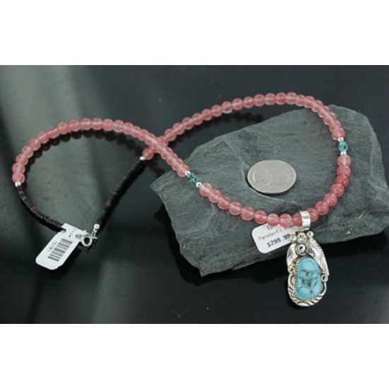 Handmade Certified Authentic Navajo .925 Sterling Silver Natural Pink Quartz & Turquoise Native American Necklace & Leaf Pendant 390670606590 Handmade Certified Authentic Navajo .925 Sterling Silver Natural Pink Quartz & Turquoise Native American Necklace & Leaf Pendant 390670606590
