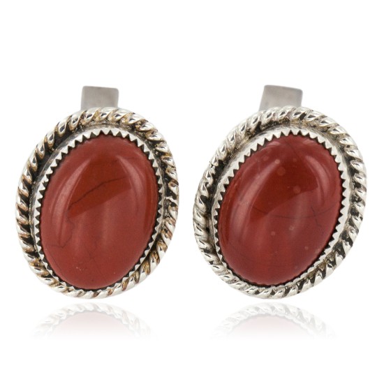 Handmade Certified Authentic Navajo .925 Sterling Silver Natural Red Jasper Native American Cuff Links 19128-1