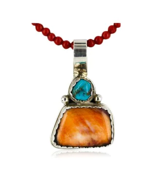 Handmade Certified Authentic Navajo .925 Sterling Silver Natural Spiny Oyster And Turquoise Native American Necklace 15908