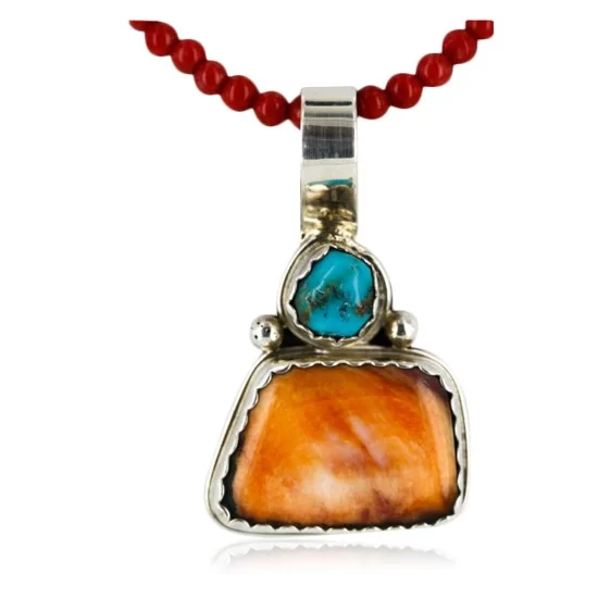 Handmade Certified Authentic Navajo .925 Sterling Silver Natural Spiny Oyster And Turquoise Native American Necklace 15908