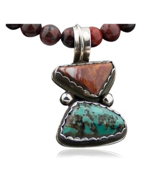 Handmade Certified Authentic Navajo .925 Sterling Silver Natural Spiny Oyster and Turquoise Native American Necklace 370880416604