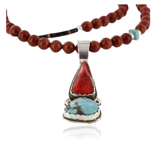 Handmade Certified Authentic Navajo .925 Sterling Silver Natural Spiny Oyster and Turquoise Native American Necklace 370993051520