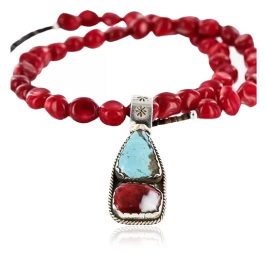 Handmade Certified Authentic Navajo .925 Sterling Silver Natural Spiny Oyster and Turquoise Native American Necklace 370998487541 Handmade Certified Authentic Navajo .925 Sterling Silver Natural Spiny Oyster and Turquoise Native American Necklace 370998487541