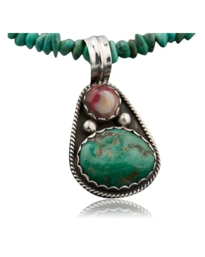 Handmade Certified Authentic Navajo .925 Sterling Silver Natural Spiny Oyster and Turquoise Native American Necklace 390641633387