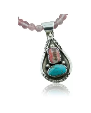 Handmade Certified Authentic Navajo .925 Sterling Silver Natural Spiny Oyster and Turquoise Native American Necklace 390643678852