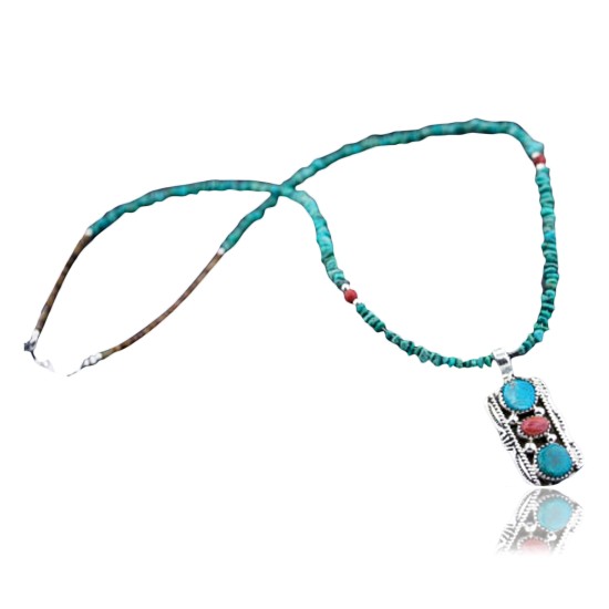 Handmade Certified Authentic Navajo .925 Sterling Silver Natural Spiny Oyster and Turquoise Native American Necklace 390646882747