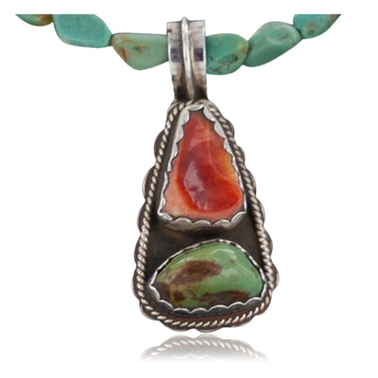 Handmade Certified Authentic Navajo .925 Sterling Silver Natural Spiny Oyster and Turquoise Native American Necklace 390648900608