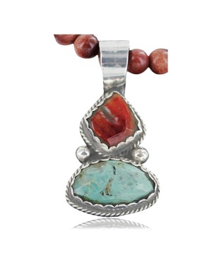Handmade Certified Authentic Navajo .925 Sterling Silver Natural Spiny Oyster and Turquoise Native American Necklace 390683006347