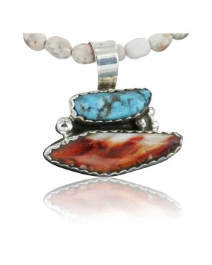 Handmade Certified Authentic Navajo .925 Sterling Silver Natural Spiny Oyster and Turquoise Native American Necklace 390714008792