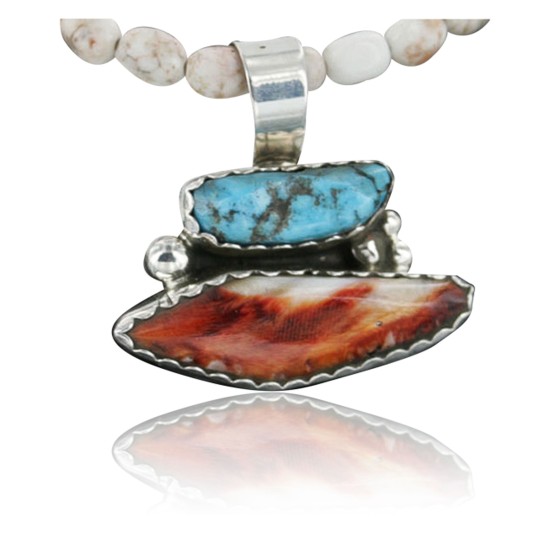 Handmade Certified Authentic Navajo .925 Sterling Silver Natural Spiny Oyster and Turquoise Native American Necklace 390714008792