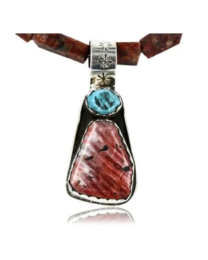 Handmade Certified Authentic Navajo .925 Sterling Silver Natural Spiny Oyster and Turquoise Native American Necklace 390758439879