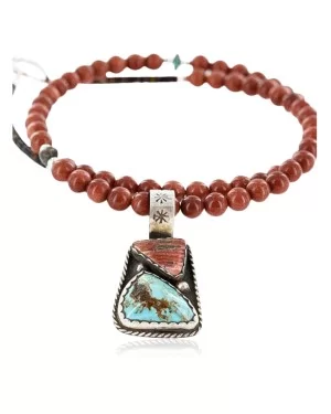 Handmade Certified Authentic Navajo .925 Sterling Silver Natural Spiny Oyster and Turquoise Native American Necklace 390765615458