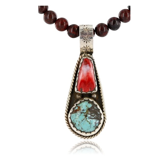 Handmade Certified Authentic Navajo .925 Sterling Silver Natural Spiny Oyster and Turquoise Native American Necklace 390767964447