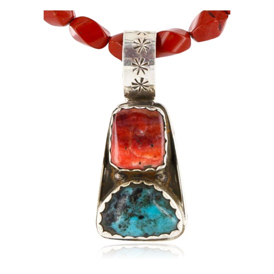 Handmade Certified Authentic Navajo .925 Sterling Silver Natural Spiny Oyster and Turquoise Native American Necklace 390773817761