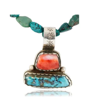 Handmade Certified Authentic Navajo .925 Sterling Silver Natural Spiny Oyster and Turquoise Native American Necklace 390778438708