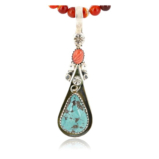 Handmade Certified Authentic Navajo .925 Sterling Silver Natural Spiny Oyster, Carnelian and Turquoise Native American Necklace & Pendant 371028093647