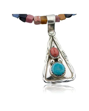 Navajo Handmade .925 Sterling Silver Turquoise and Spiny Oyster Necklace 15772-30-15975