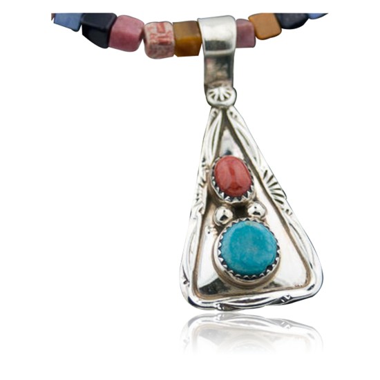 Handmade Certified Authentic Navajo .925 Sterling Silver Natural Spiny Oyster, Multicolor Stones and Turquoise Native American Necklace & Pendant 390647431918