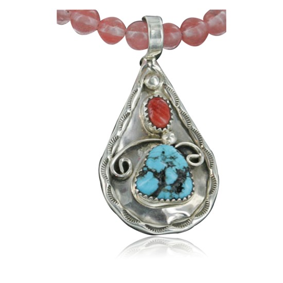 Handmade Certified Authentic Navajo .925 Sterling Silver Natural Spiny Oyster, Rose Quartz and Turquoise Native American Necklace & Pendant 370918200041