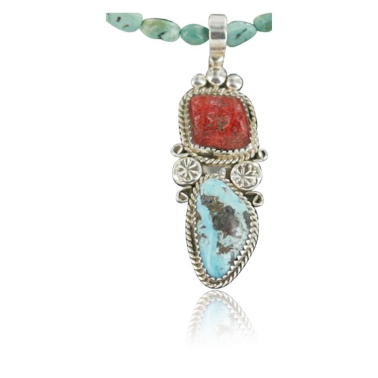 Handmade Certified Authentic Navajo .925 Sterling Silver Natural Turquoise & Coral Native American Necklace & Pendant 390674550395