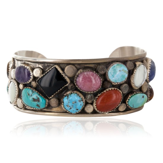 Handmade Certified Authentic Navajo .925 Sterling Silver Natural Turquoise and Multicolor Stones Native American Bracelet 12785 Handmade Certified Authentic Navajo .925 Sterling Silver Natural Turquoise and Multicolor Stones Native American Bracelet 12785