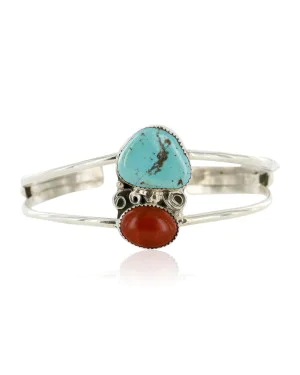 Handmade Certified Authentic Navajo .925 Sterling Silver Natural Turquoise and Red Jasper Native American Bracelet 12757-4